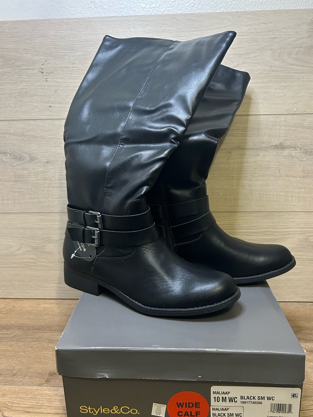 Style & Co Black Wide Calf Tall Boots 10 M MaliAAP Buckle Zip Knee Hig - Picture 3 of 4